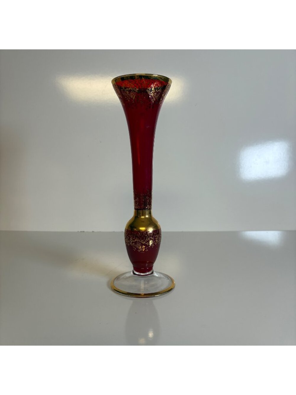 Ruby Red Glass Bud Vase Gold Filigree Design Trim Vintage 10 inch Elegant Ornate